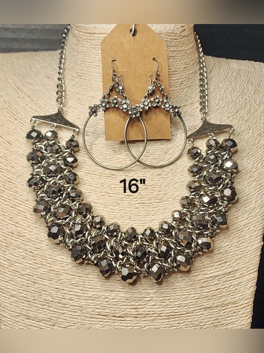 155. Silver Hematite Beaded Statement Necklace & Floral Hoop Earrings Set